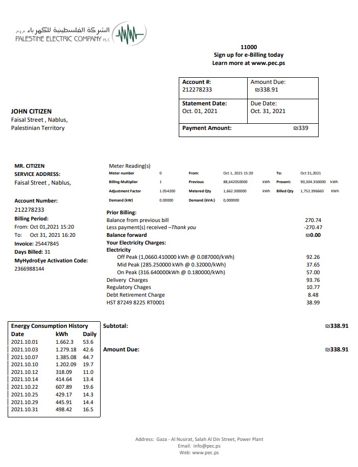 Palestine Electric Company (PEC) utility bill template in Word and PDF format